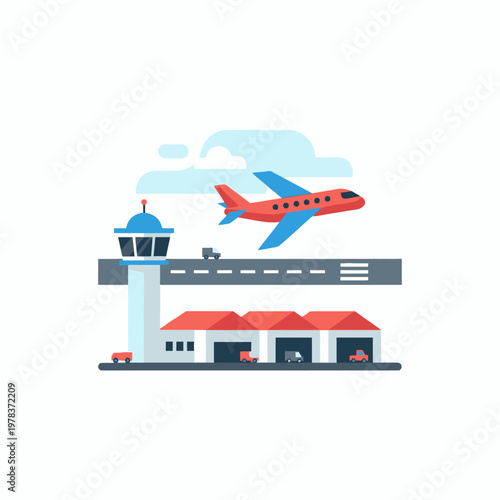 Airport Scene with Airplane Taking Off and Control Tower.