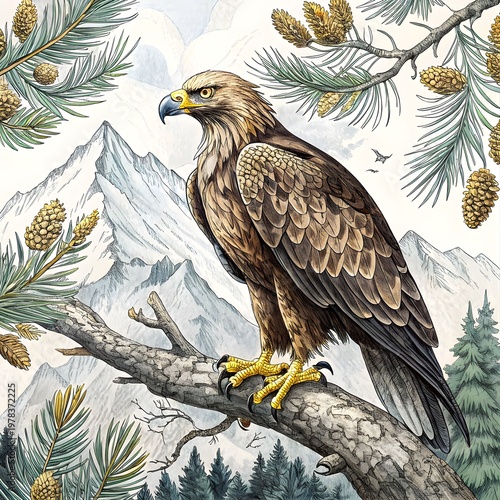 Majestic Eagle Perched: A regal eagle surveys its domain from a sturdy branch, against a backdrop of towering mountains and verdant pines.