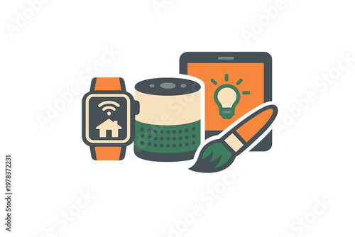 Smart home devices show technology in daily life, highlighting tools for convenience and creativity in a modern home setting