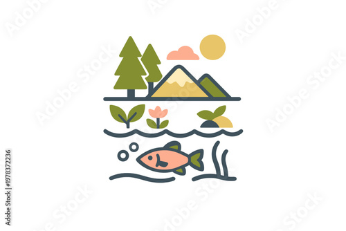 Nature scene with a fish swimming in water, mountains and trees in the background, and a sun above at midday