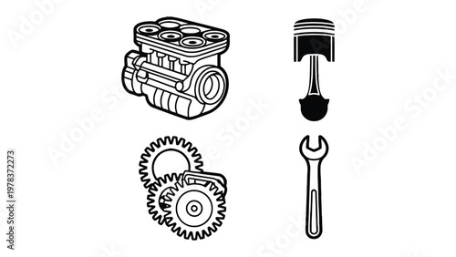 Engine Mechanical Components Illustration: A detailed illustration showcasing essential mechanical components, including an engine, gears, piston, and wrench.