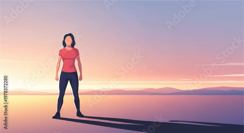 Confident woman standing on lake shore at sunset with long dramatic shadow cast across water surface in artistic illustration style