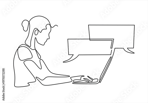 Continuous line drawing of a person working on a laptop with chat bubbles