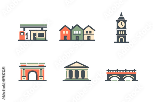 City landmarks and structures show urban life and daily activities in a diverse environment and simple architectural styles