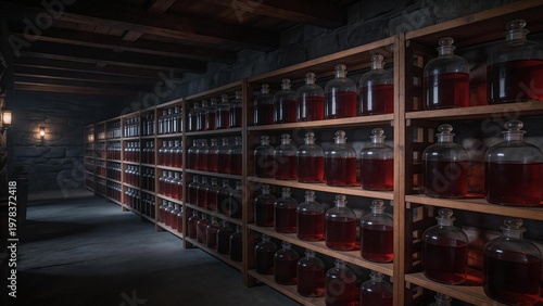 Wooden shelves filled with glass bottles