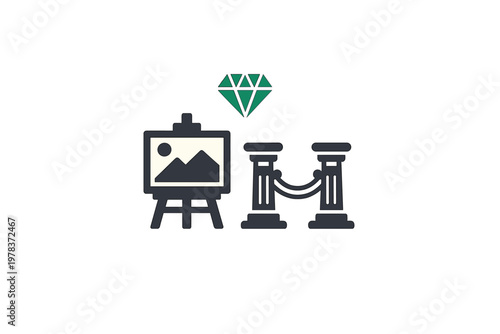 Art display with a painting and classical columns at an exhibition featuring various artworks from local artists