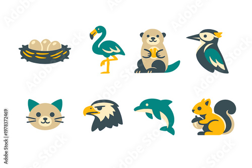 These animal icons display a variety of wildlife like birds, otters, dolphins, and a cat in a simple, fun style