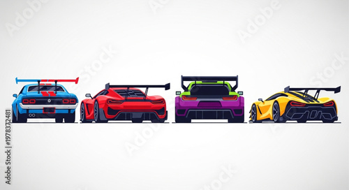 Four colorful sports cars lined up from behind on a white background.