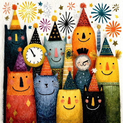 Celebratory Gathering of Whimsical Creatures: A joyous gathering of animated creatures, each adorned with festive party hats and beaming smiles.
