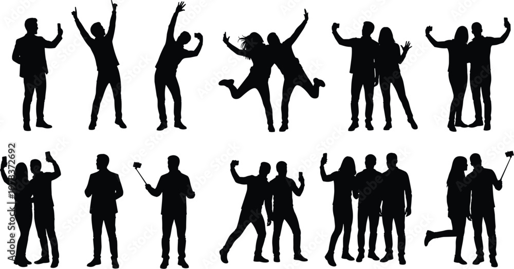 Fototapeta premium Silhouette people taking selfies, group celebration poses, friends together illustration, social connection concept, casual fun, vector artwork, stock design