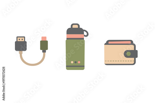A USB cable is placed next to a water bottle and a wallet on a plain background