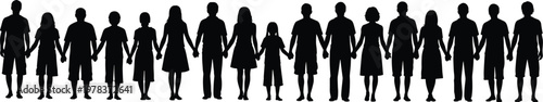Silhouette people holding hands, unity chain illustration, diverse figures together, community connection concept, teamwork support, family bond, friendship, vector art