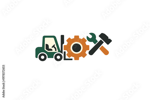 Construction tools and machinery are shown together in a simple graphic displaying the elements of the building industry