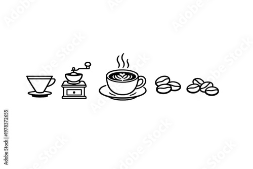 A minimalist black line art illustration featuring coffee-related