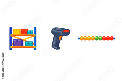 A colorful vector illustration set featuring a warehouse storage rack