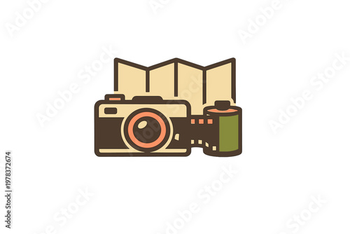 Camera and map design shows tools for travel and adventure in a simple style to encourage exploration and outdoor activities