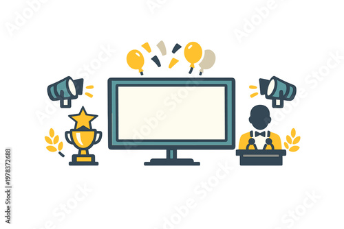 Celebrating achievements with awards, decorations, and a large screen in a festive setting during an event