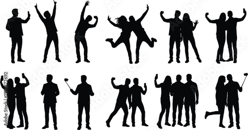 Silhouette people taking selfies, group celebration poses, friends together illustration, social connection concept, casual fun, vector artwork, stock design