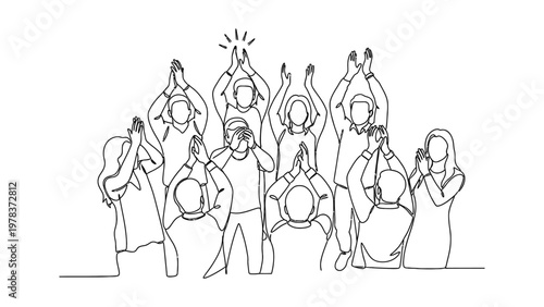 A group of people celebrating together. Continuous line style. Hand drawn. Line art. Vector design. illustration