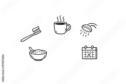 A set of black and white hand-drawn doodle icons representing a