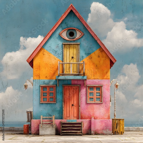 Whimsical Dwelling by the Shore: A vibrant and creatively designed dwelling stands out against a cloudy sky, showcasing a unique architectural style with a surreal touch.