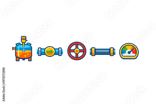 A set of industrial flat icons including a chemical reactor tank with