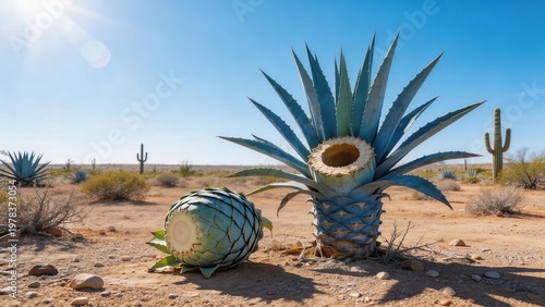 Desert agave plant with cacti