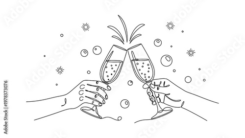 Hands holding champagne glasses celebrating. Continuous line style. Hand drawn. Line art. Vector design. illustration