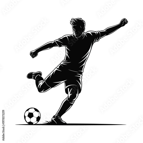 Soccer Player Kicking Ball Silhouette, Football Kick Action Vector, Athlete Shooting Goal Icon, Black Minimal Design