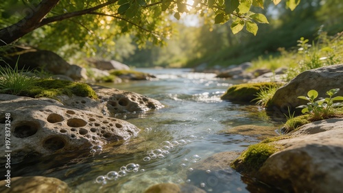 Clear stream with rocks and greenery