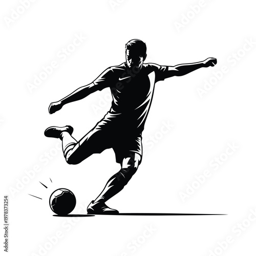 Soccer Player Kicking Ball Silhouette, Football Kick Action Vector, Athlete Shooting Goal Icon, Black Minimal Design