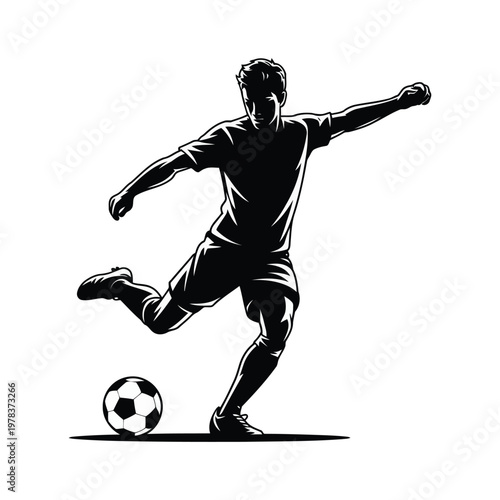 Soccer Player Kicking Ball Silhouette, Football Kick Action Vector, Athlete Shooting Goal Icon, Black Minimal Design