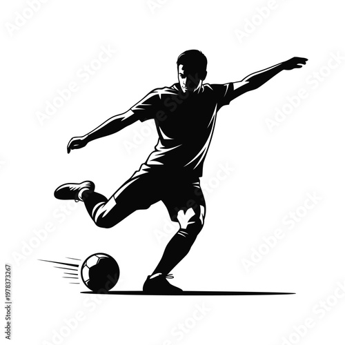 Soccer Player Kicking Ball Silhouette, Football Kick Action Vector, Athlete Shooting Goal Icon, Black Minimal Design