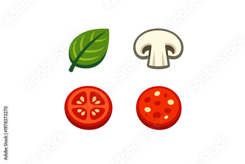 A set of four flat vector illustrations of pizza toppings including a