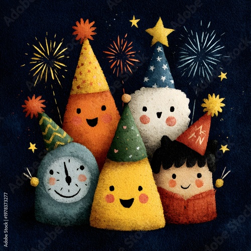 Celebration of the New Year: A vibrant illustration showcases a joyful gathering, featuring cheerful characters adorned with party hats, surrounded by dazzling fireworks and a festive clock. 