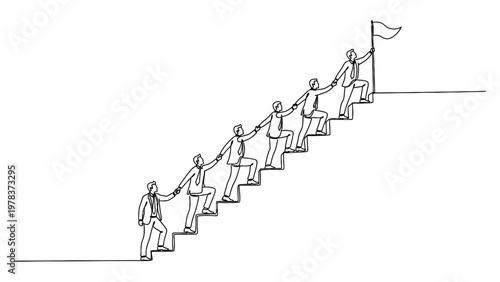 Business team working together to reach goals. Continuous line style. Hand drawn. Line art. Vector design. illustration