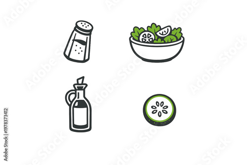 A set of four minimalist icons related to salad preparation