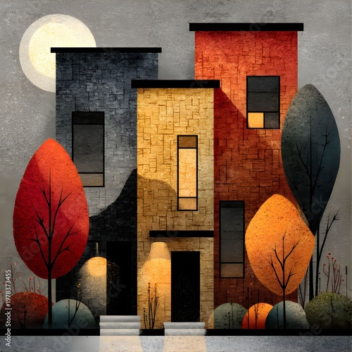 Abstract Urban Residences: Artistic rendering of colorful urban houses under the soft glow of a full moon. Featuring unique brick textures and vibrant autumn foliage.