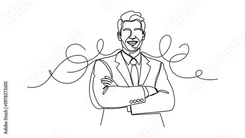 A man in a business suit with arms crossed. Continuous line style. Hand drawn. Line art. Vector design. illustration