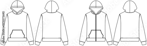 zip hoodie cad drawing, hooded sweatshirt technical template, front and back view apparel outline, flat vector illustration isolated fashion design