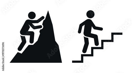 Two figures represent different paths to success one climbing and one ascending silhouette