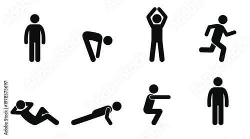 Various stick figure exercises are displayed in black illustrating different physical activities silhouette
