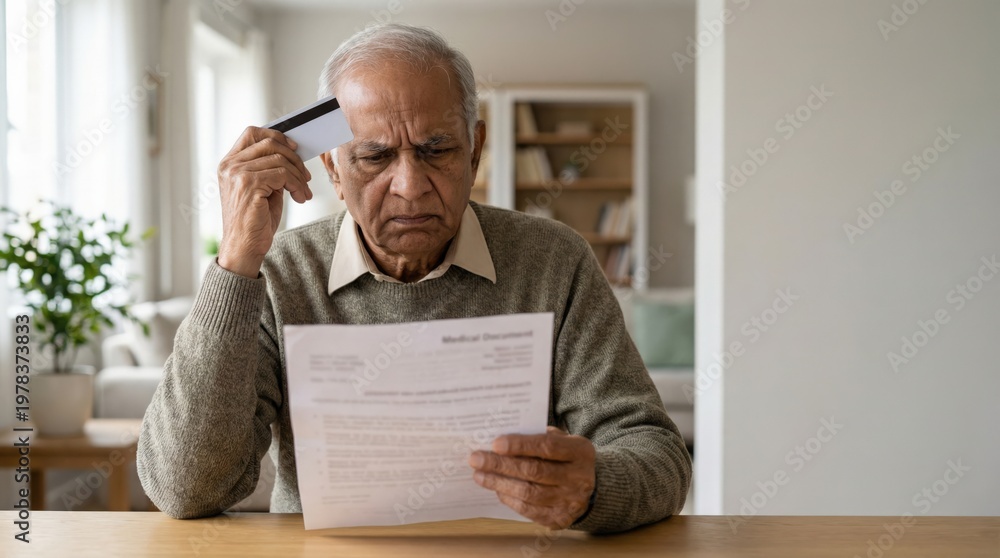 Fototapeta premium Indian elderly man holding medical bill and bank card showing stress