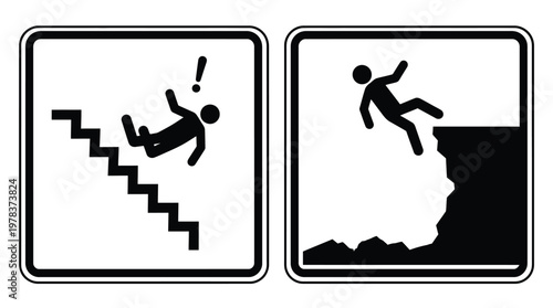 Warning signs depicting people falling from stairs and a cliff black silhouette