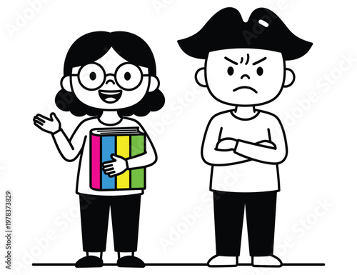 Girl with books and angry pirate boy cartoon characters for kids storybook illustration.