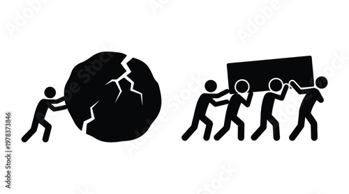 Teamwork concept depicting people pushing a boulder and carrying a block silhouette