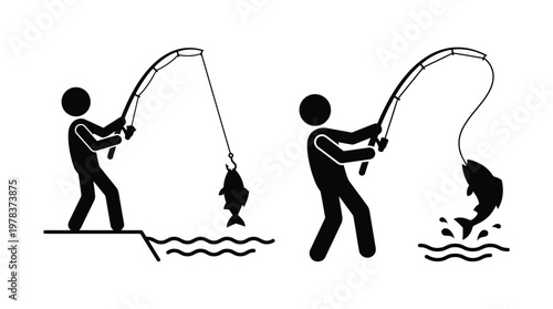 Two fishermen casting lines and reeling in catches a simple black illustration silhouette