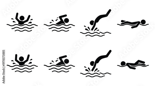 Various swimming poses and actions depicted in a minimalist black illustration silhouette