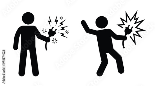 Two figures dangerously interacting with electrical plugs depicted with a stark silhouette