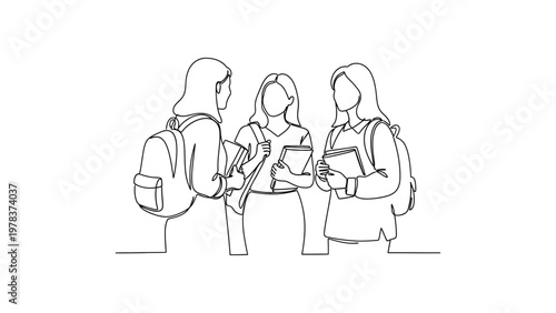 Three students discussing books together. Continuous line style. Hand drawn. Line art. Vector design. illustration